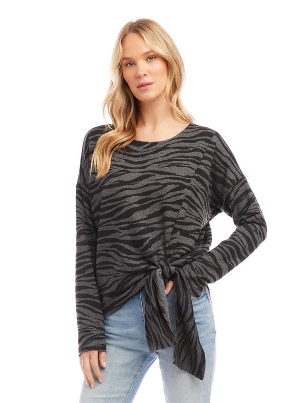 Karen Kane Charcoal & Black Zebra Tie-Front Long Sleeve Top Petite Large NWT